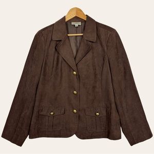 Vintage 90s Faux Suede Lined Structured Shoulder Preppy Chic Blazer Jacket Brown